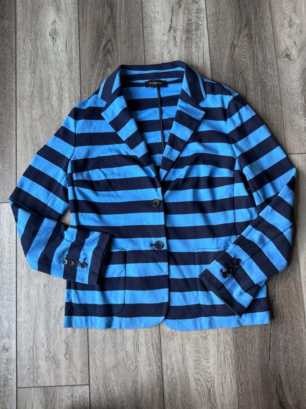 Talbots Blue and Navy Coastal Preppy Striped Cotton Blend Blazer